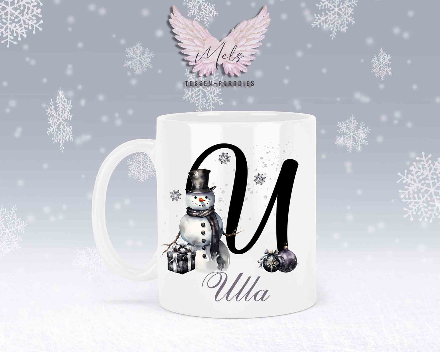 Schneemann Black-Alphabet mit Name - Personalisierte Keramik-Tasse Weiß