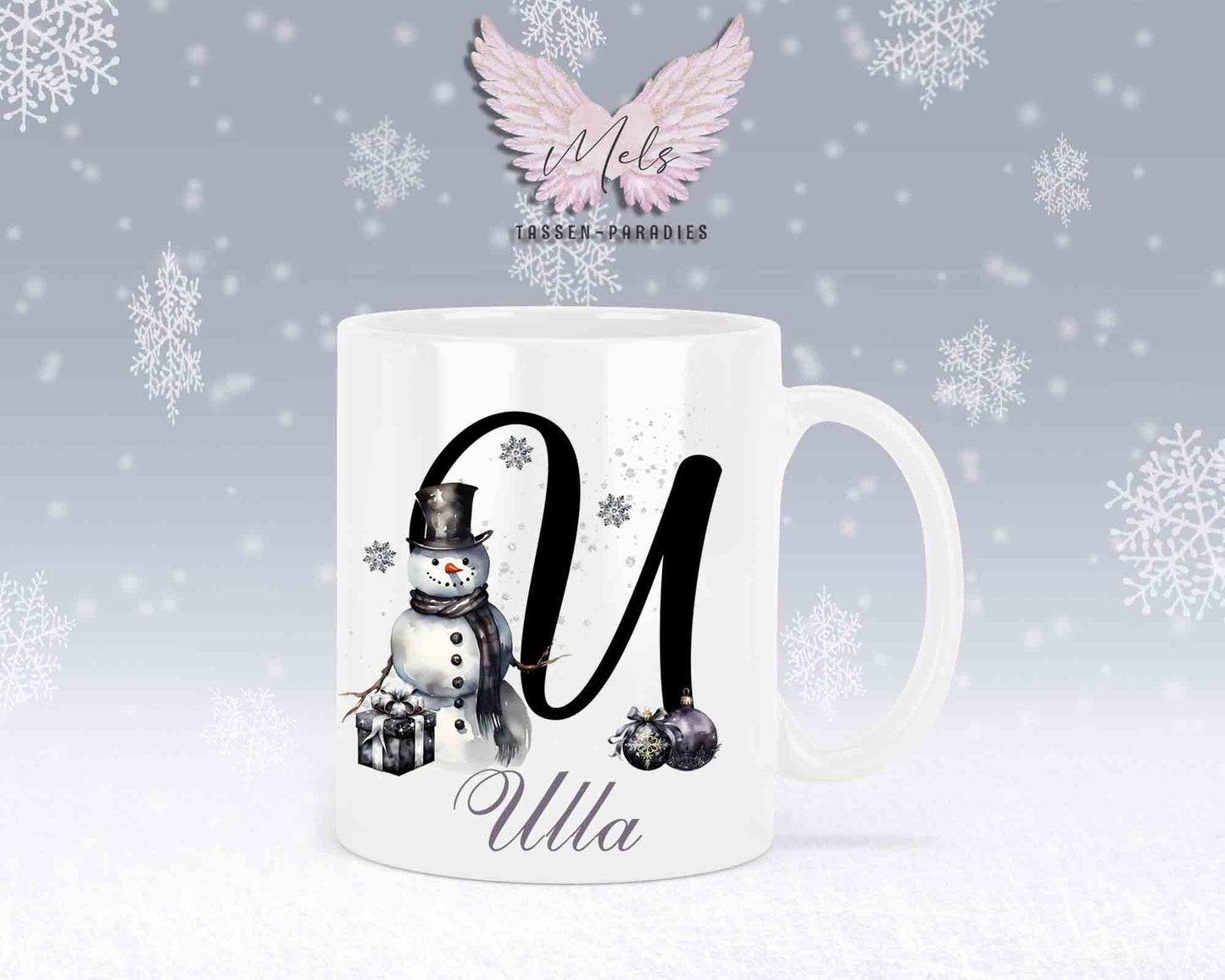 Schneemann Black-Alphabet mit Name - Personalisierte Keramik-Tasse Weiß