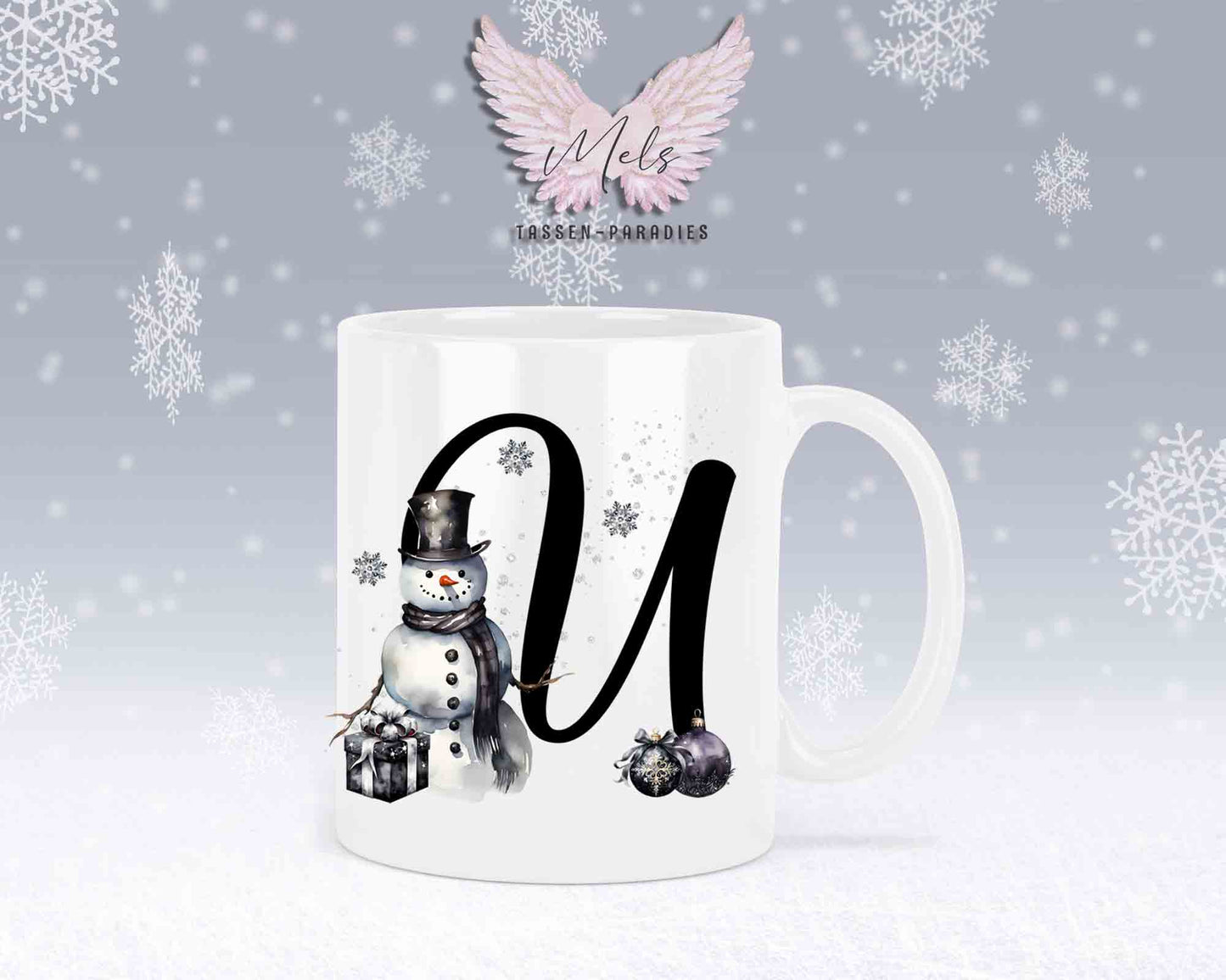 Schneemann Black-Alphabet mit Name - Personalisierte Keramik-Tasse Weiß