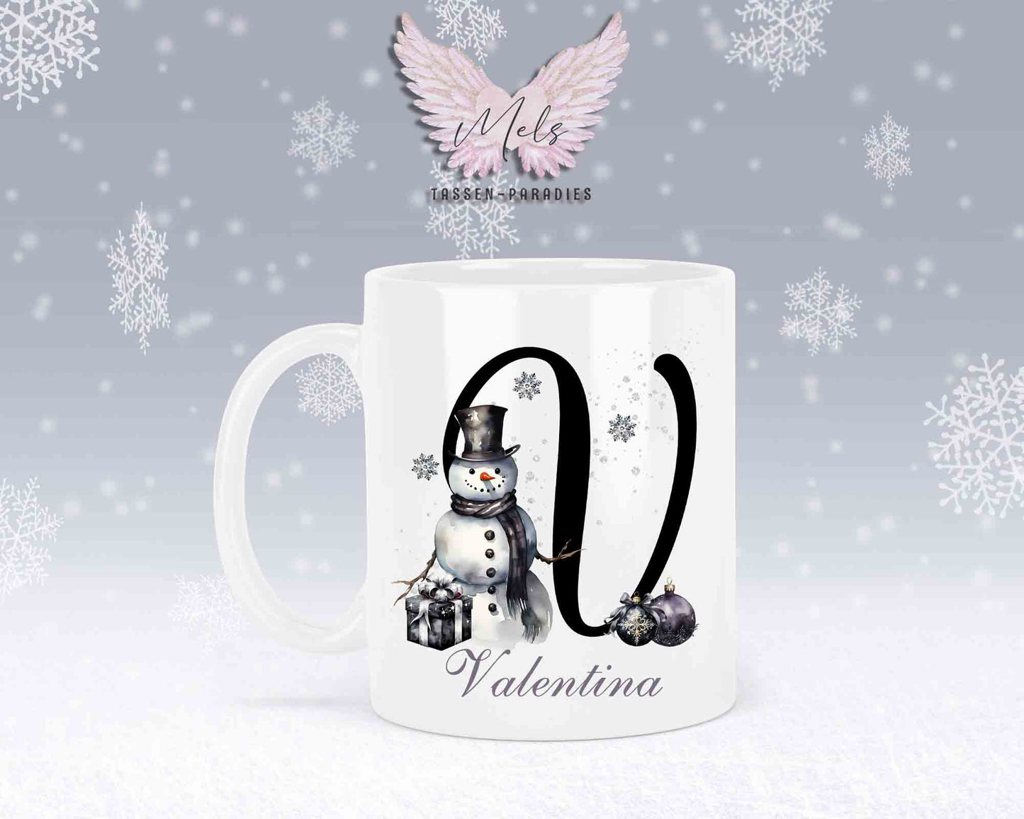 Schneemann Black-Alphabet mit Name - Personalisierte Keramik-Tasse Weiß