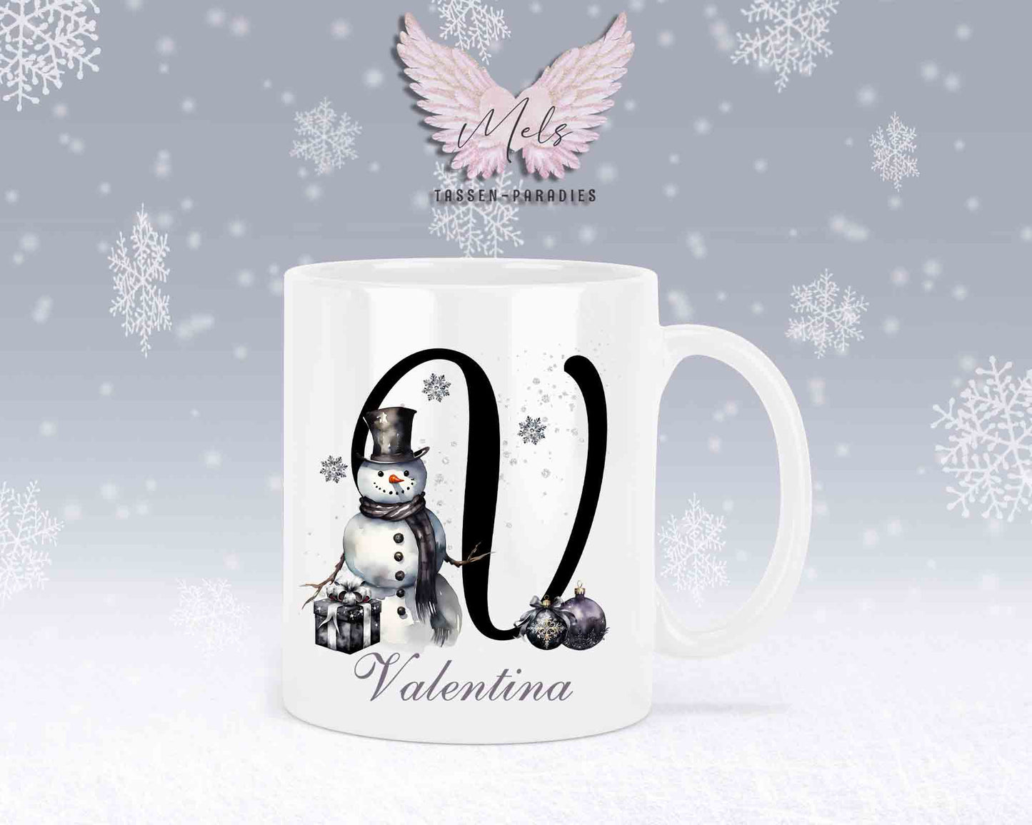 Schneemann Black-Alphabet mit Name - Personalisierte Keramik-Tasse Weiß