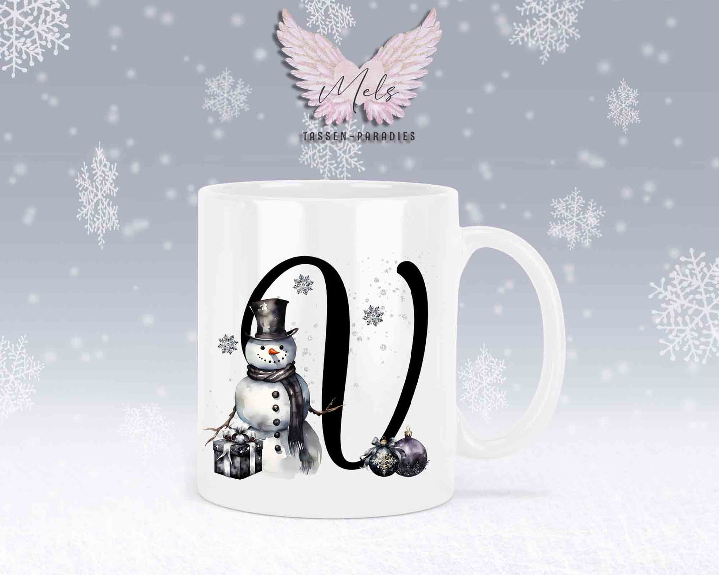 Schneemann Black-Alphabet mit Name - Personalisierte Keramik-Tasse Weiß