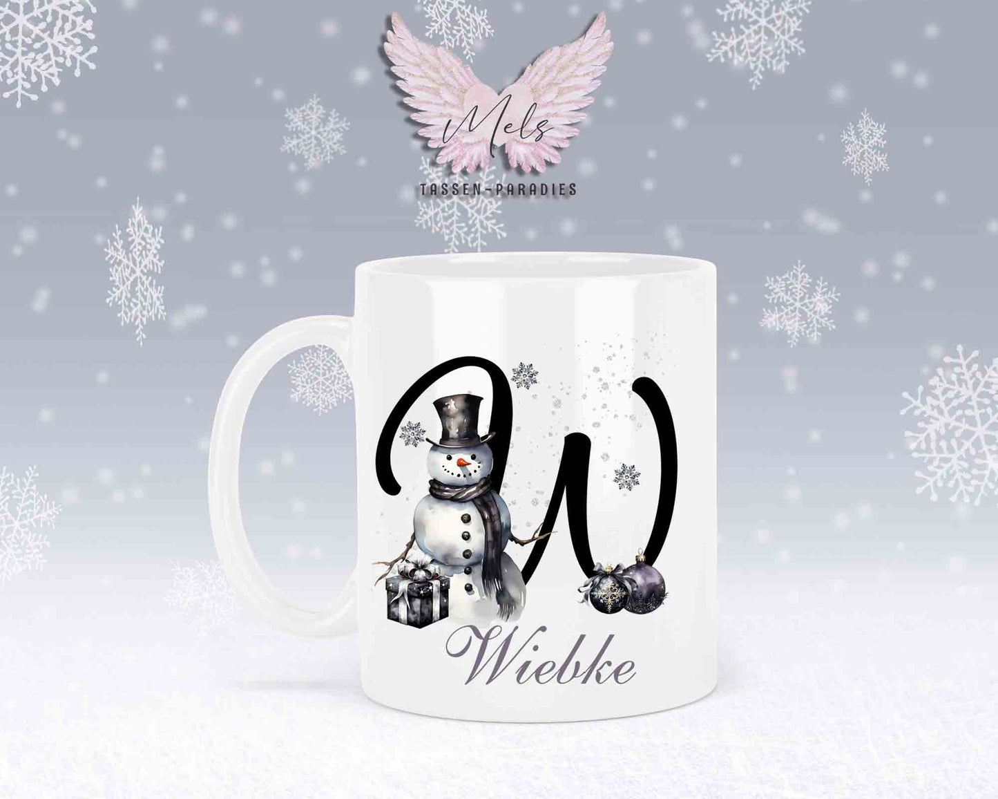 Schneemann Black-Alphabet mit Name - Personalisierte Keramik-Tasse Weiß