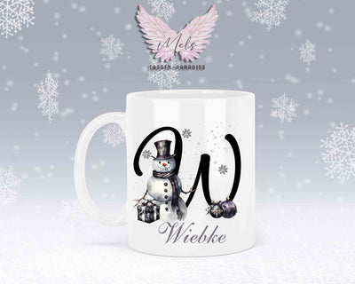 Schneemann Black-Alphabet mit Name - Personalisierte Keramik-Tasse Weiß