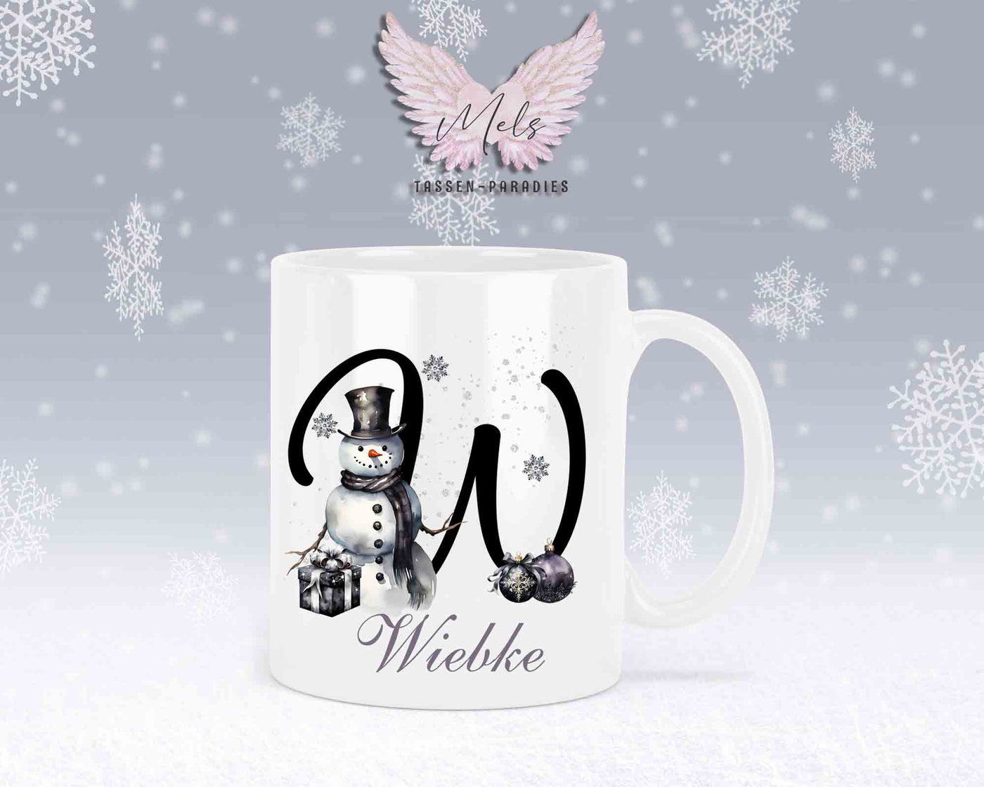 Schneemann Black-Alphabet mit Name - Personalisierte Keramik-Tasse Weiß