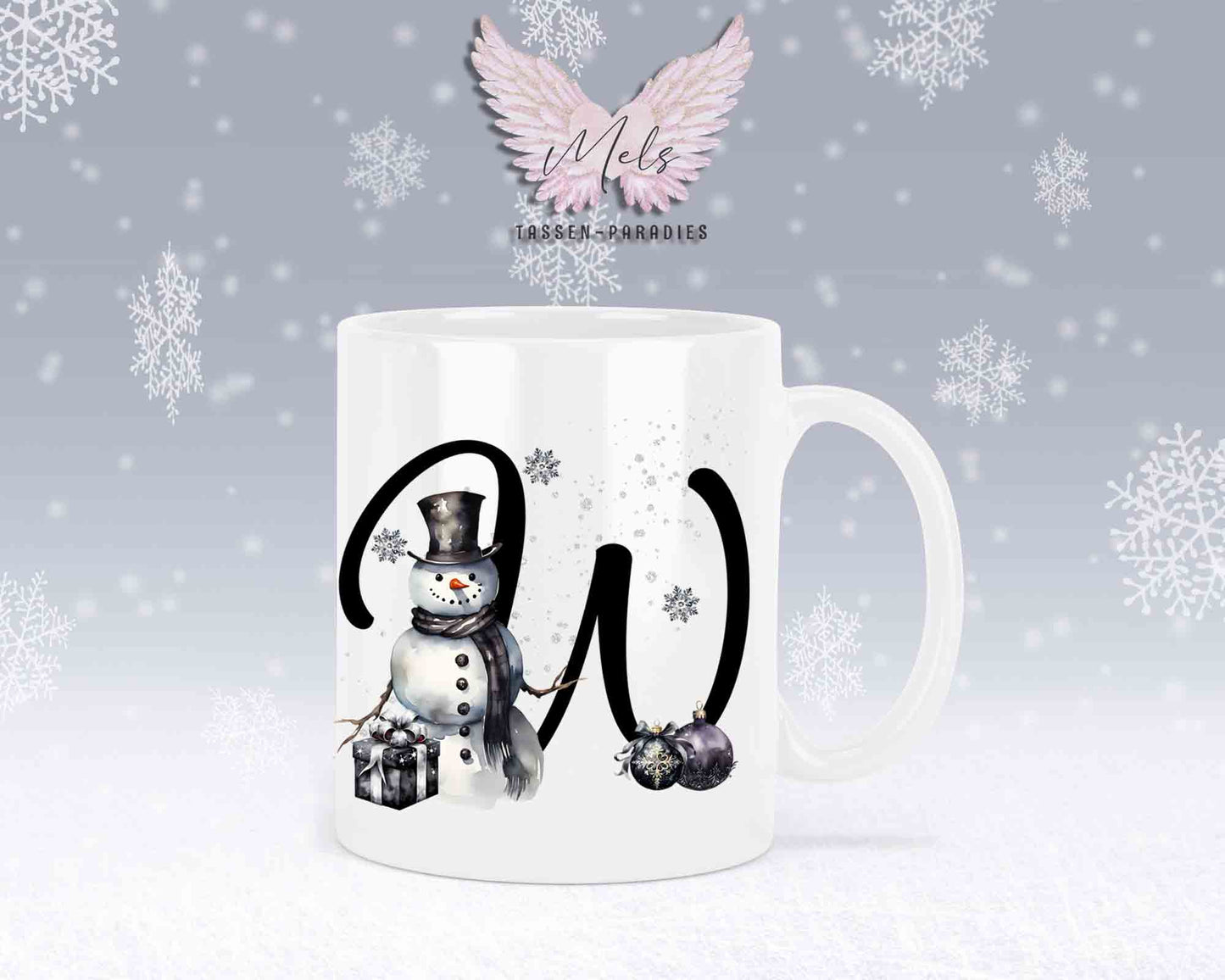 Schneemann Black-Alphabet mit Name - Personalisierte Keramik-Tasse Weiß