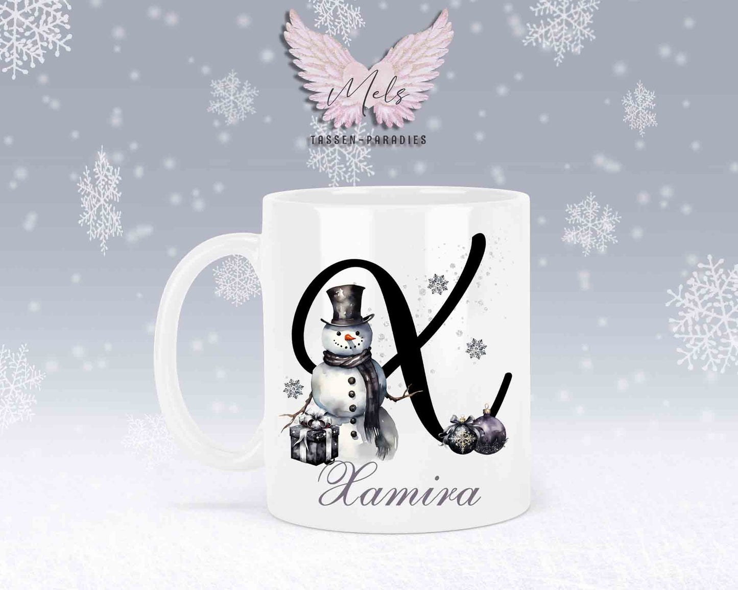 Schneemann Black-Alphabet mit Name - Personalisierte Keramik-Tasse Weiß