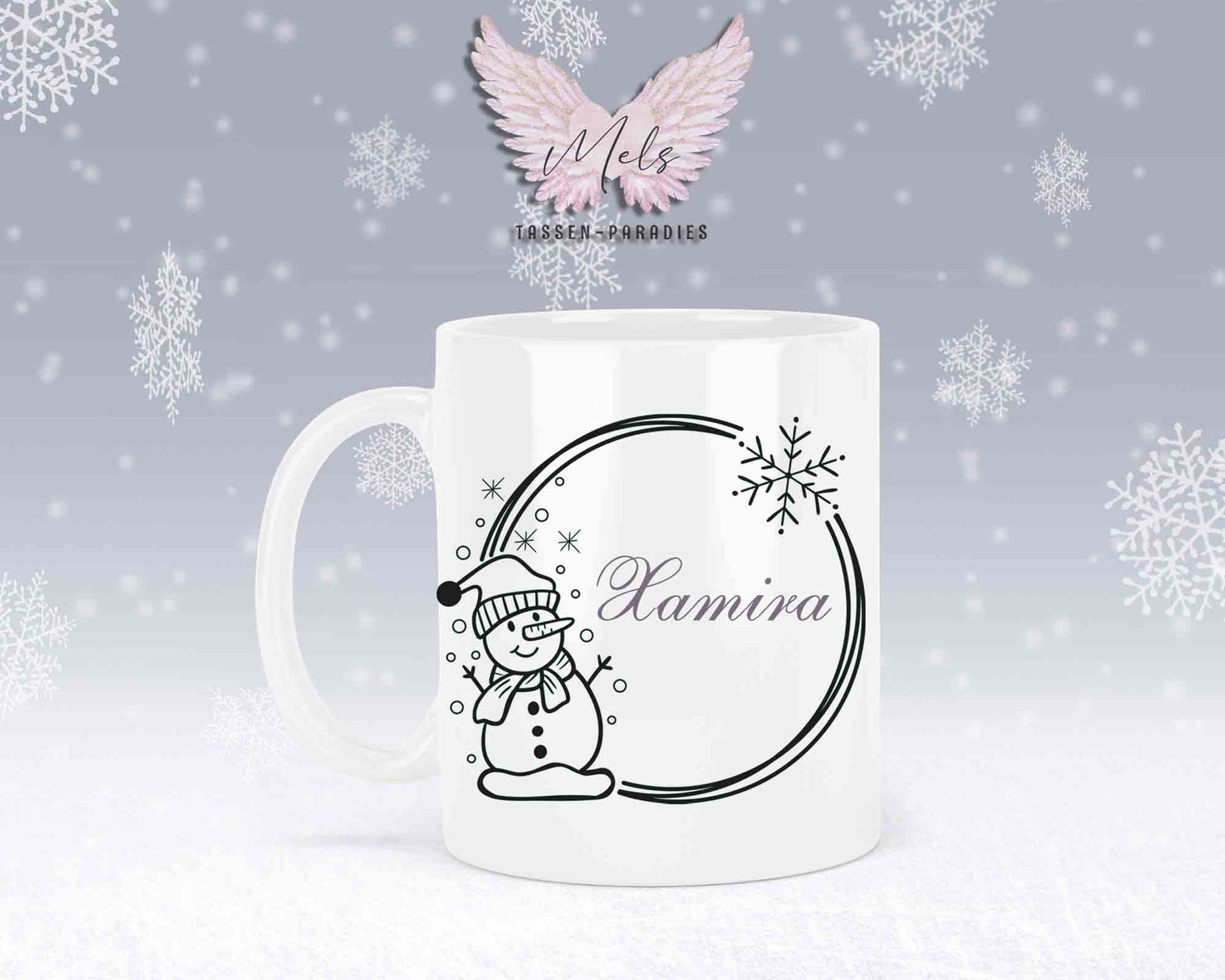 Schneemann Black-Alphabet mit Name - Personalisierte Keramik-Tasse Weiß