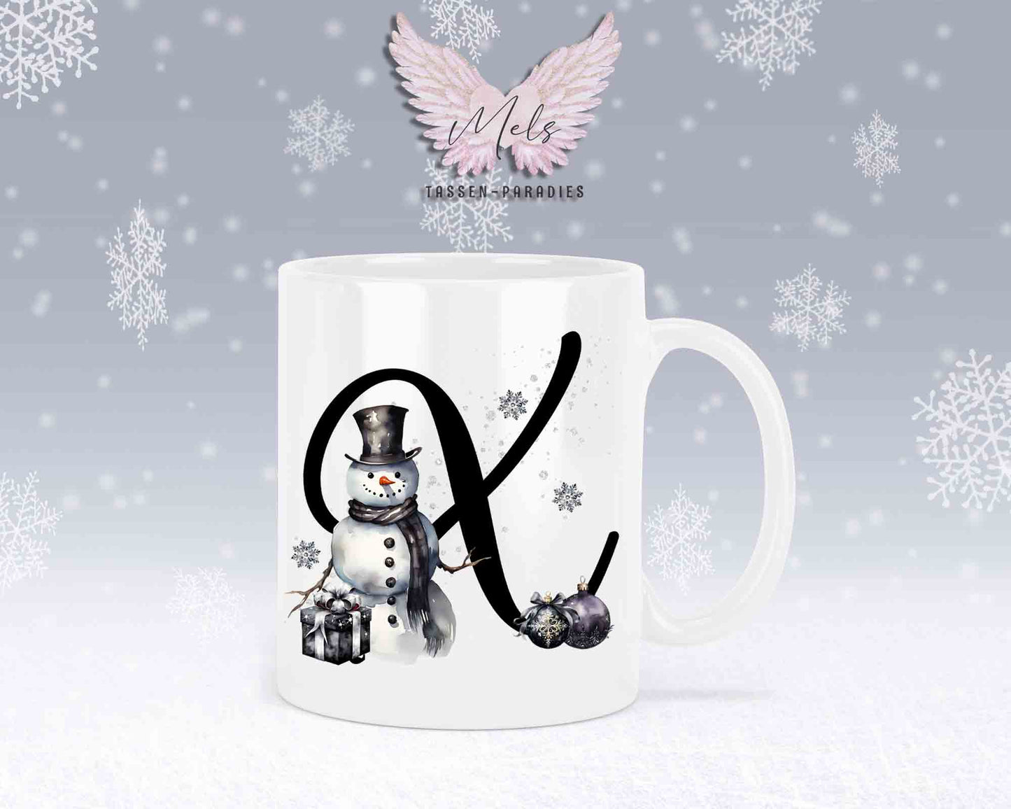 Schneemann Black-Alphabet mit Name - Personalisierte Keramik-Tasse Weiß