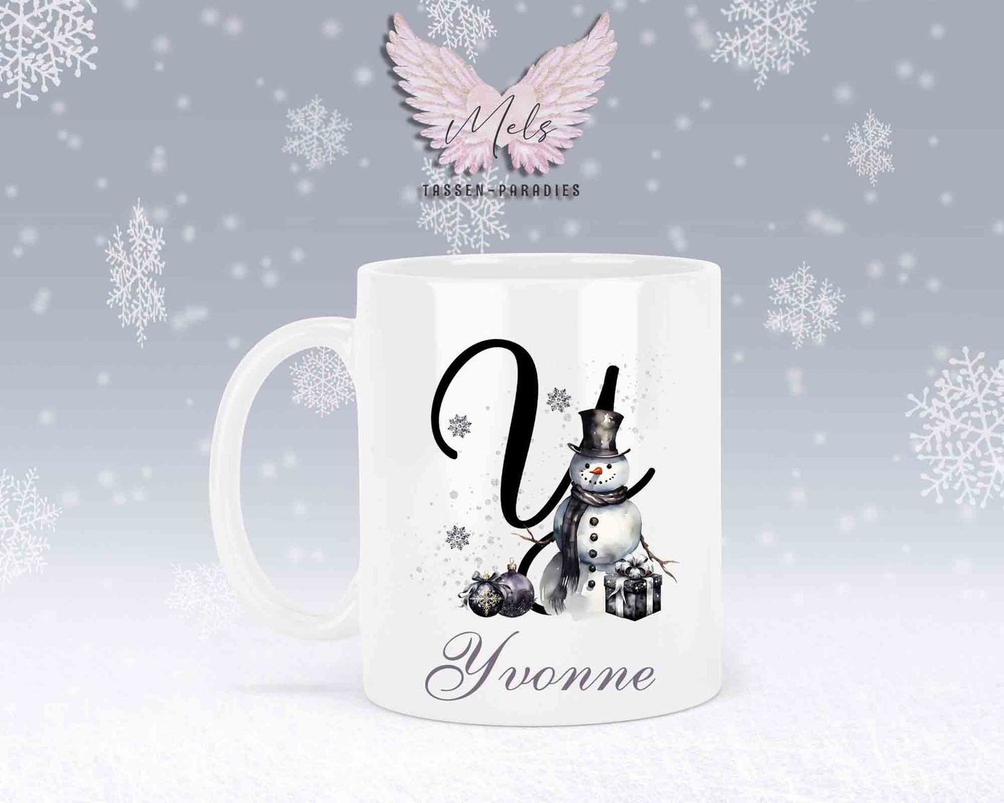 Schneemann Black-Alphabet mit Name - Personalisierte Keramik-Tasse Weiß