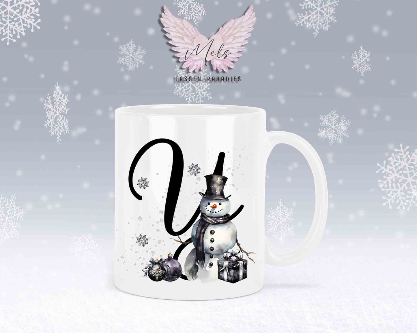 Schneemann Black-Alphabet mit Name - Personalisierte Keramik-Tasse Weiß