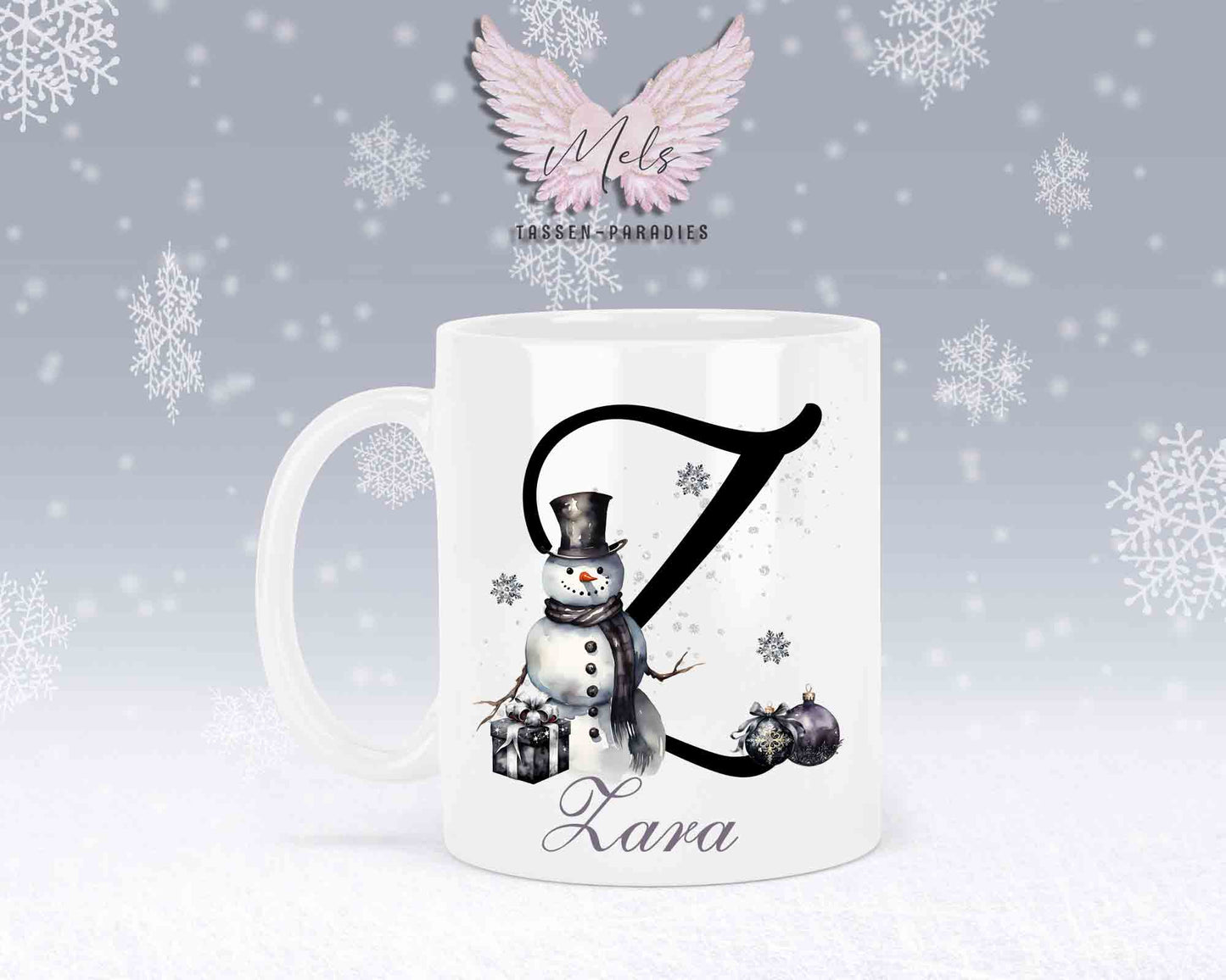 Schneemann Black-Alphabet mit Name - Personalisierte Keramik-Tasse Weiß