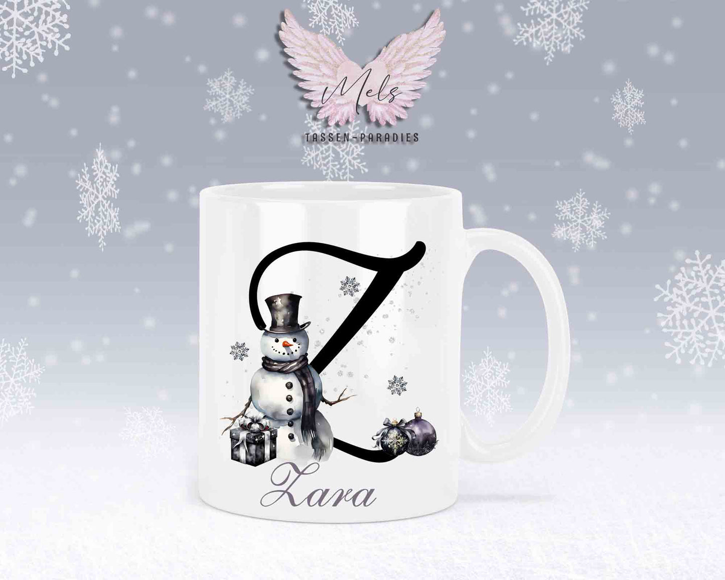 Schneemann Black-Alphabet mit Name - Personalisierte Keramik-Tasse Weiß