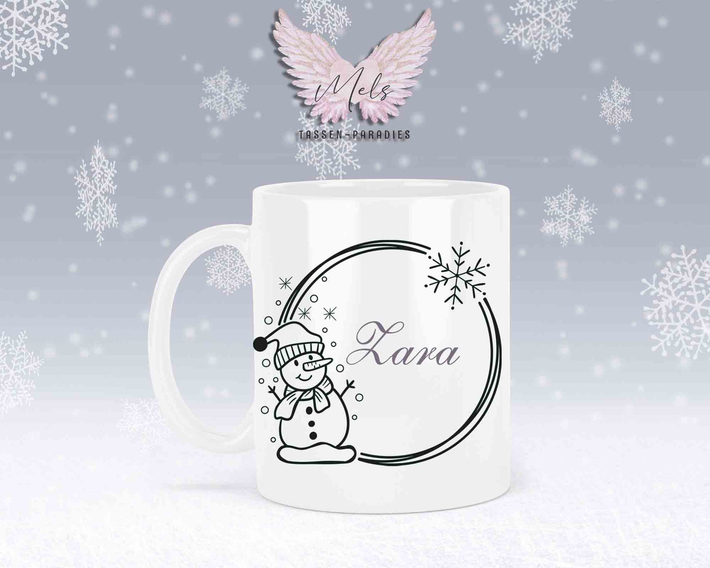 Schneemann Black-Alphabet mit Name - Personalisierte Keramik-Tasse Weiß