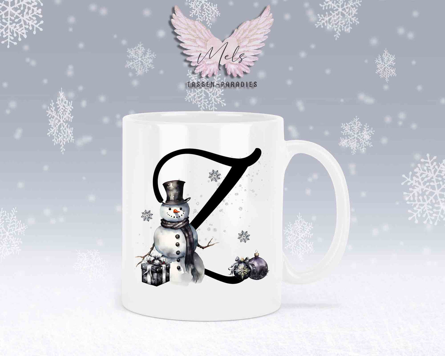 Schneemann Black-Alphabet mit Name - Personalisierte Keramik-Tasse Weiß