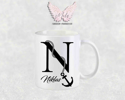 Anker-Alphabet mit Name - Personalisierte Keramik-Tasse Weiß matt