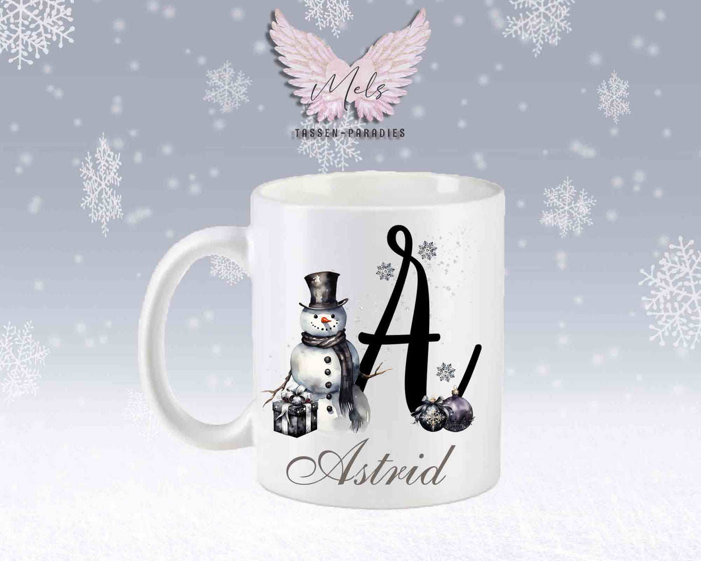Schneemann Black-Alphabet mit Name - Personalisierte Keramik-Tasse Weiß-Matt