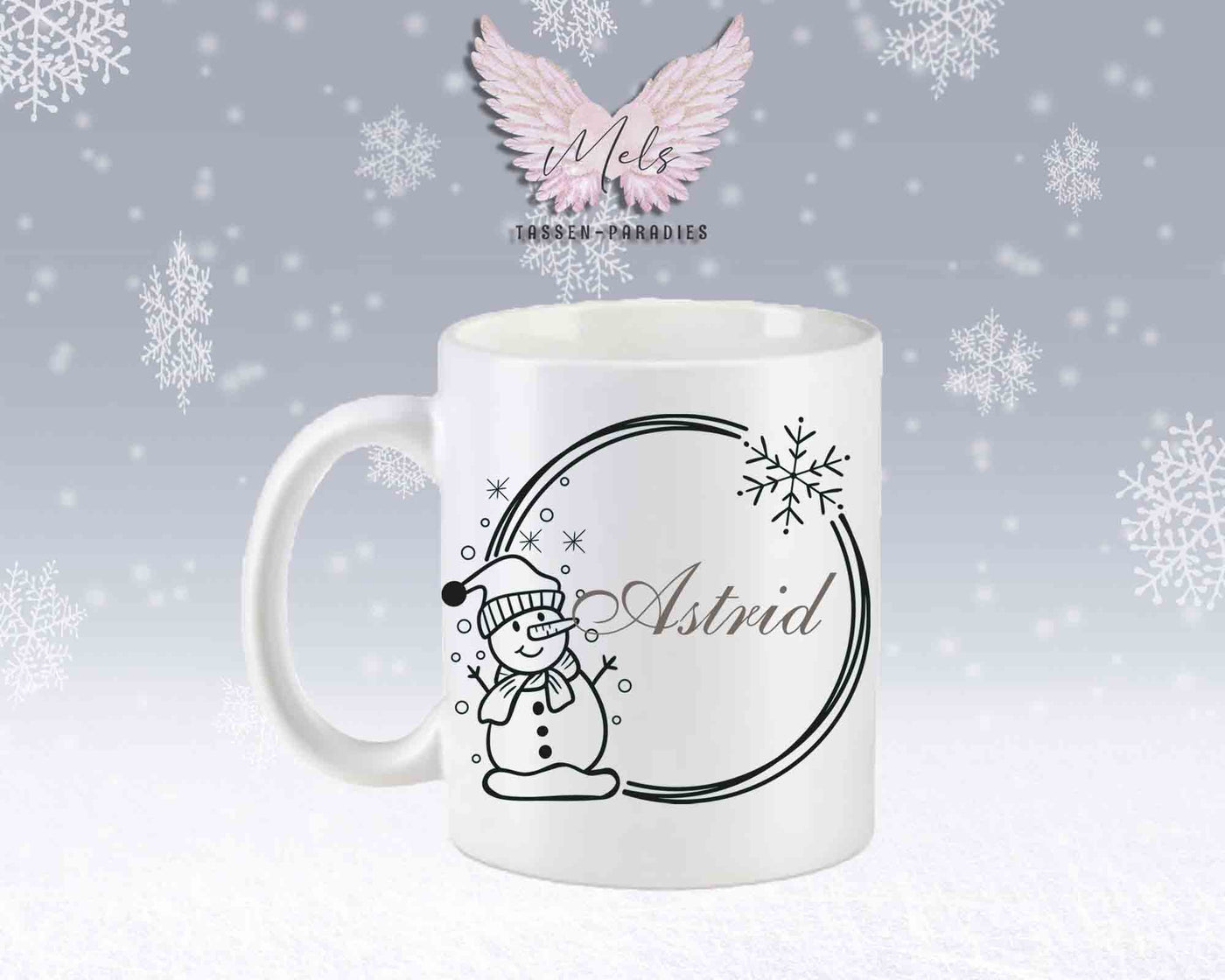 Schneemann Black-Alphabet mit Name - Personalisierte Keramik-Tasse Weiß-Matt
