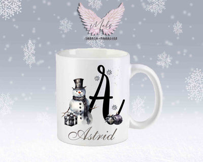 Schneemann Black-Alphabet mit Name - Personalisierte Keramik-Tasse Weiß-Matt