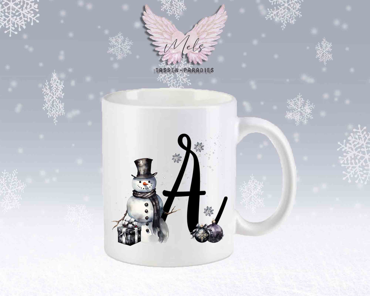 Schneemann Black-Alphabet mit Name - Personalisierte Keramik-Tasse Weiß-Matt