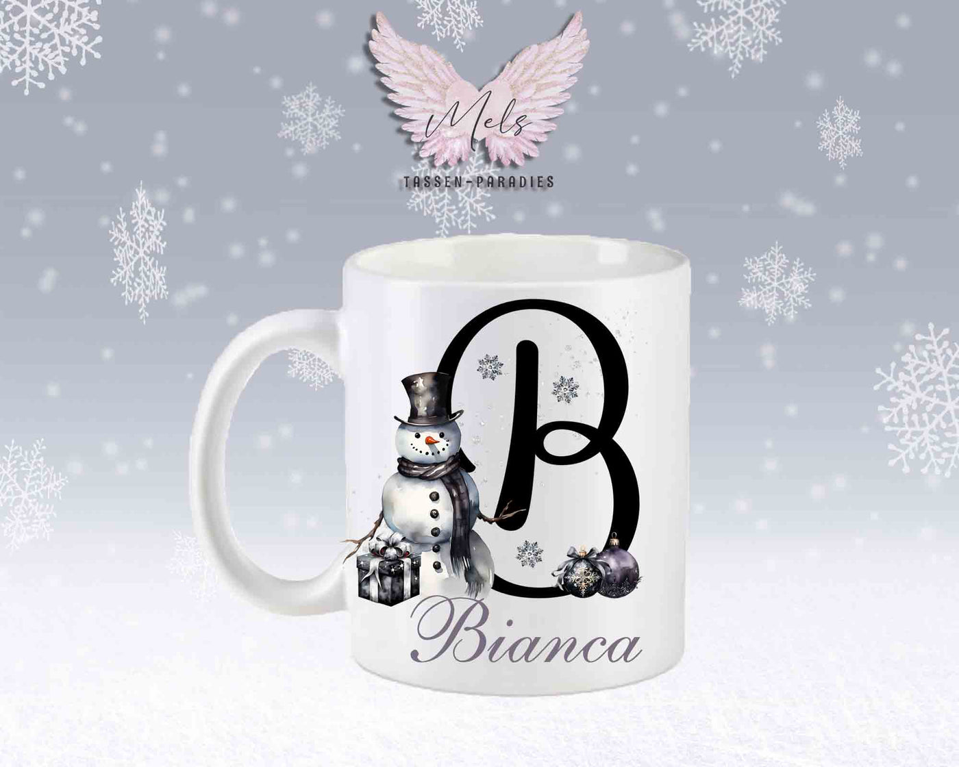 Schneemann Black-Alphabet mit Name - Personalisierte Keramik-Tasse Weiß-Matt