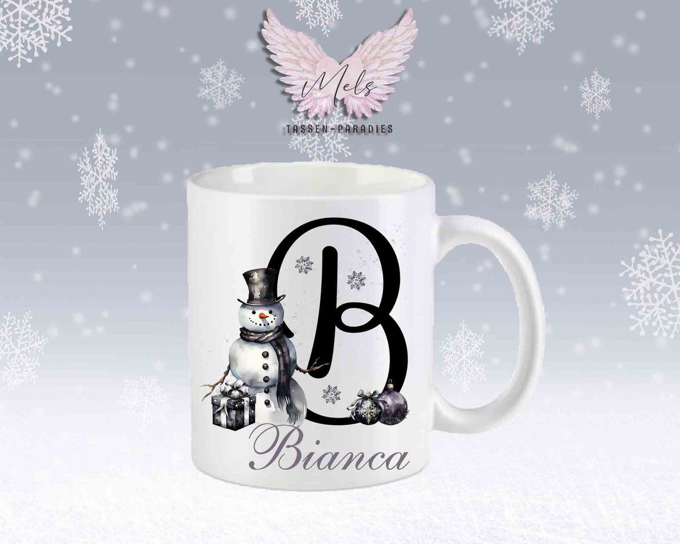 Schneemann Black-Alphabet mit Name - Personalisierte Keramik-Tasse Weiß-Matt