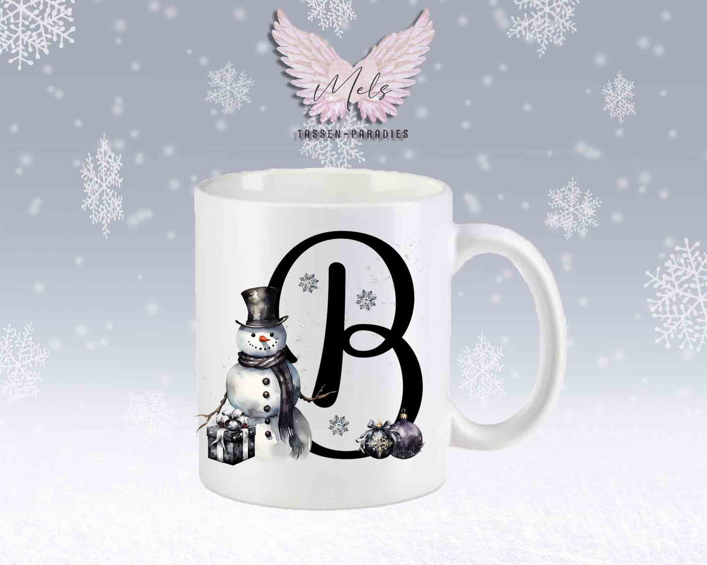 Schneemann Black-Alphabet mit Name - Personalisierte Keramik-Tasse Weiß-Matt