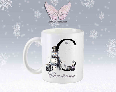 Schneemann Black-Alphabet mit Name - Personalisierte Keramik-Tasse Weiß-Matt