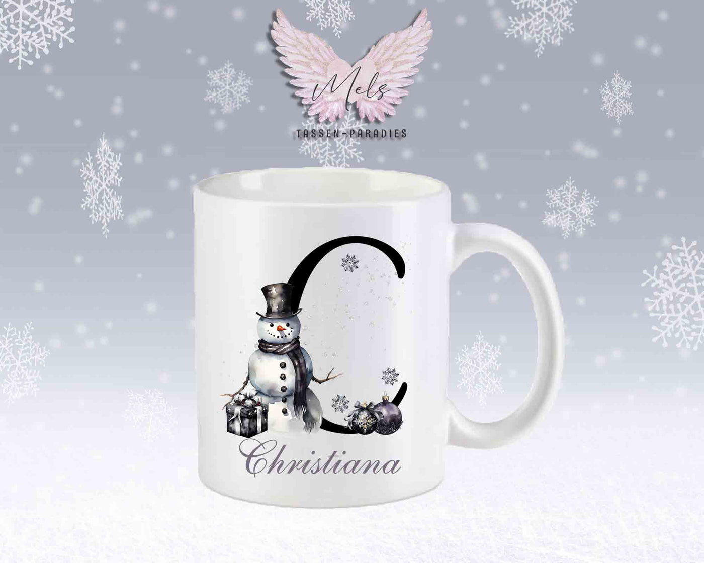Schneemann Black-Alphabet mit Name - Personalisierte Keramik-Tasse Weiß-Matt