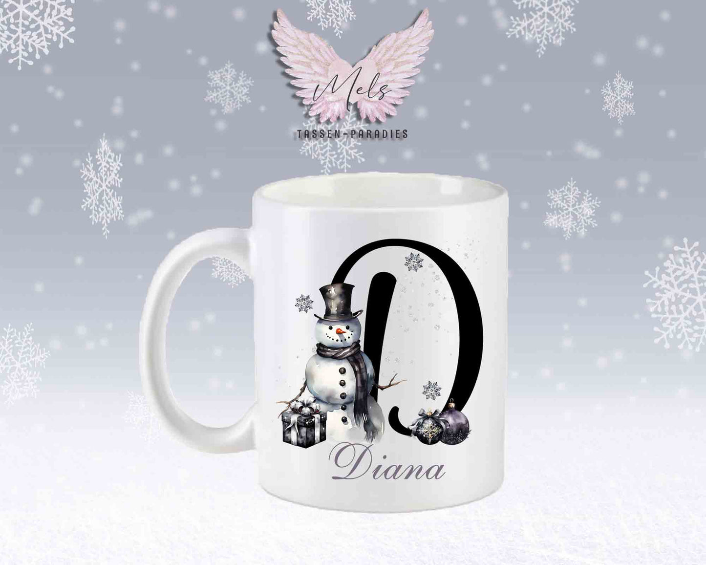 Schneemann Black-Alphabet mit Name - Personalisierte Keramik-Tasse Weiß-Matt