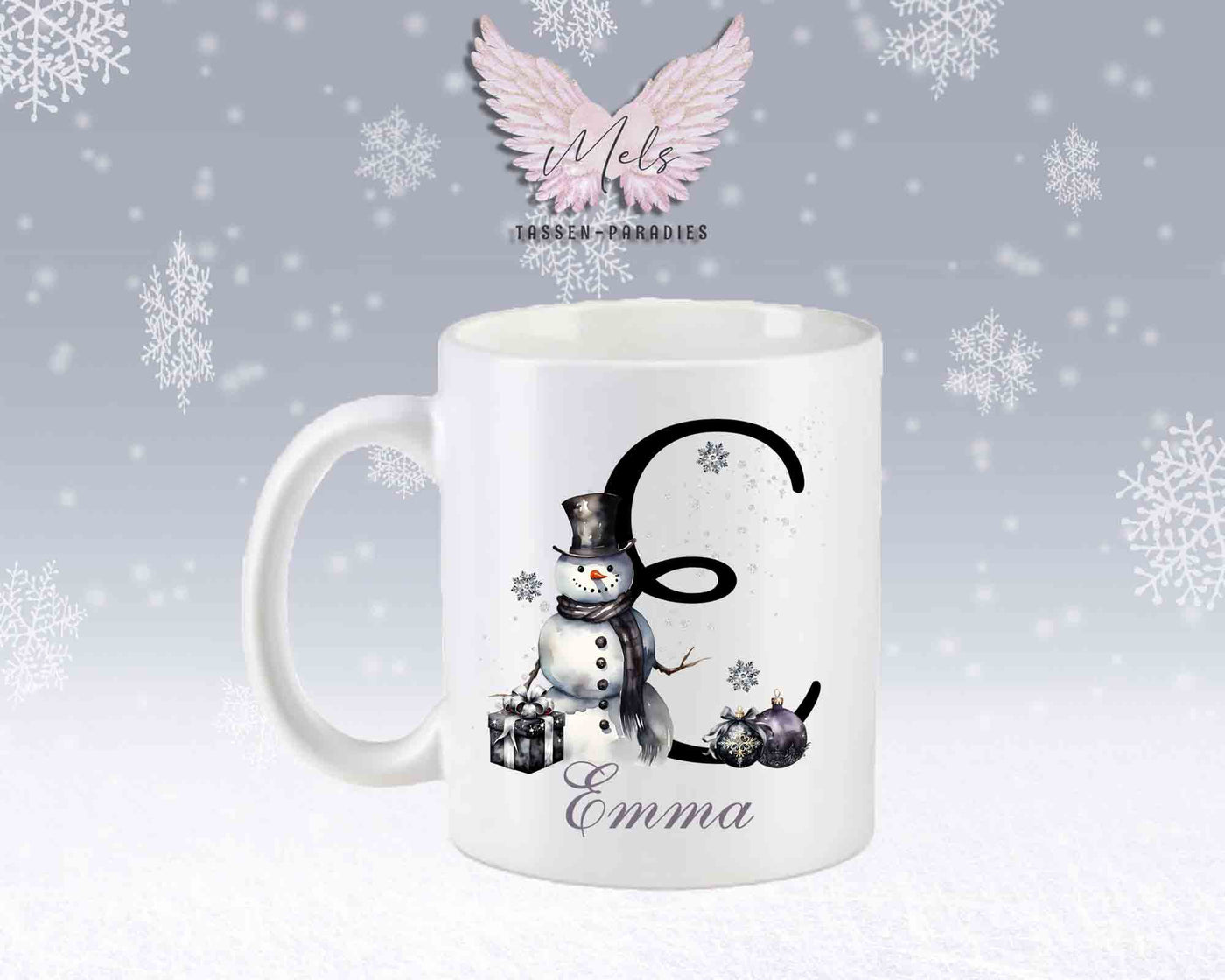 Schneemann Black-Alphabet mit Name - Personalisierte Keramik-Tasse Weiß-Matt