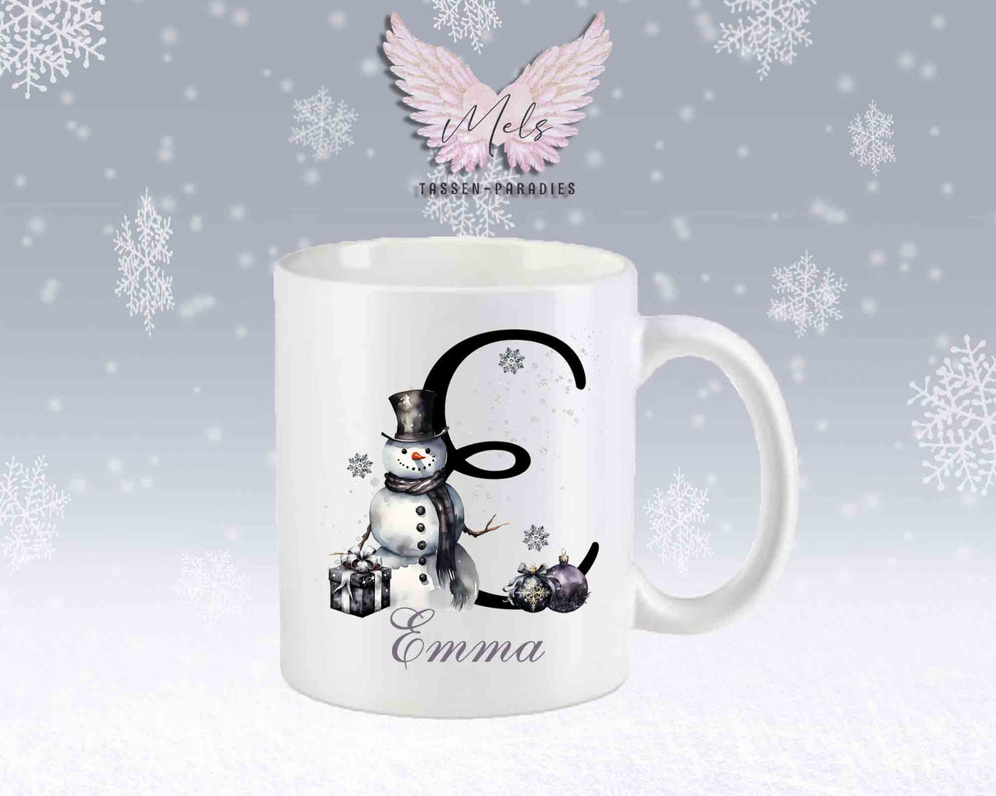 Schneemann Black-Alphabet mit Name - Personalisierte Keramik-Tasse Weiß-Matt