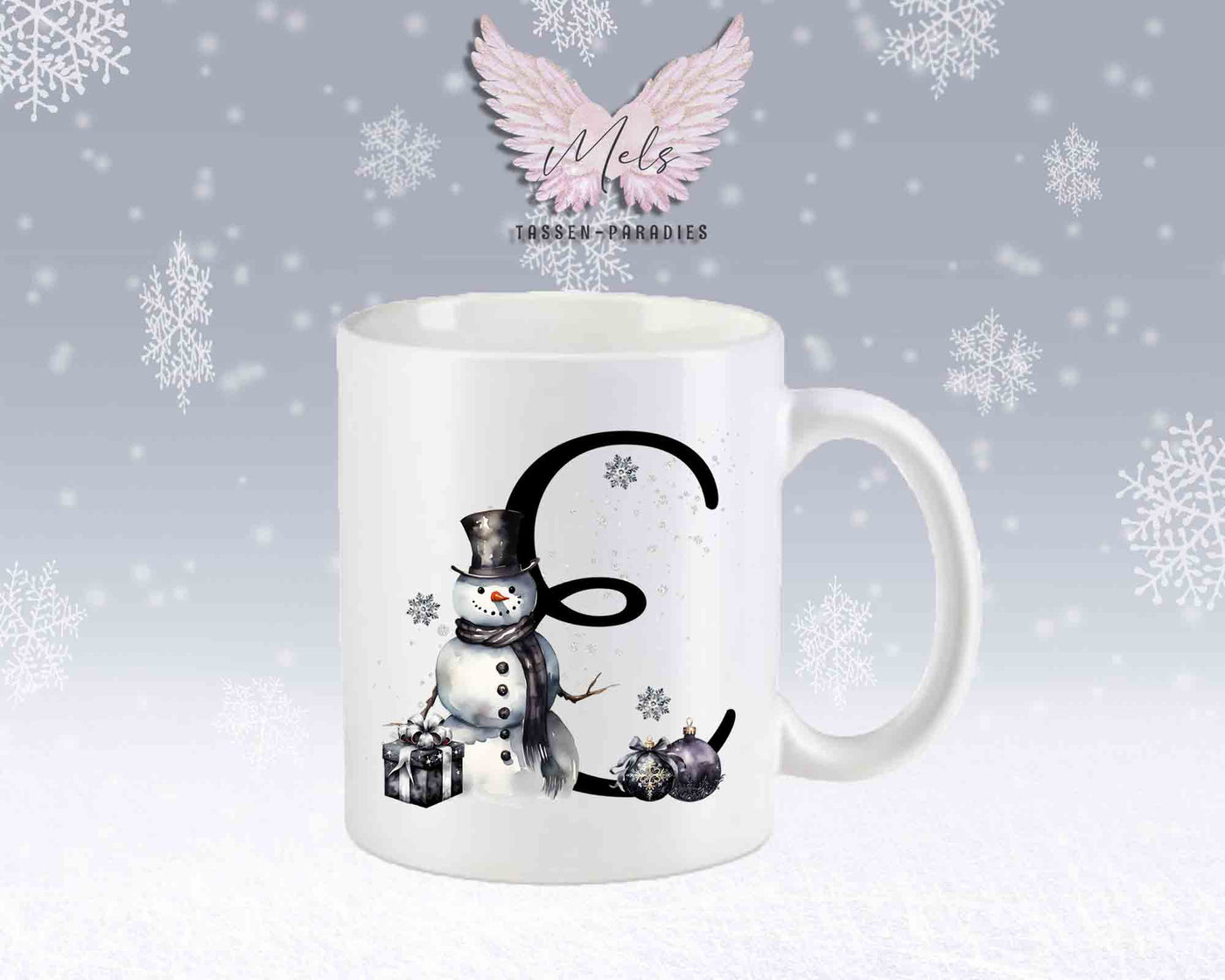 Schneemann Black-Alphabet mit Name - Personalisierte Keramik-Tasse Weiß-Matt