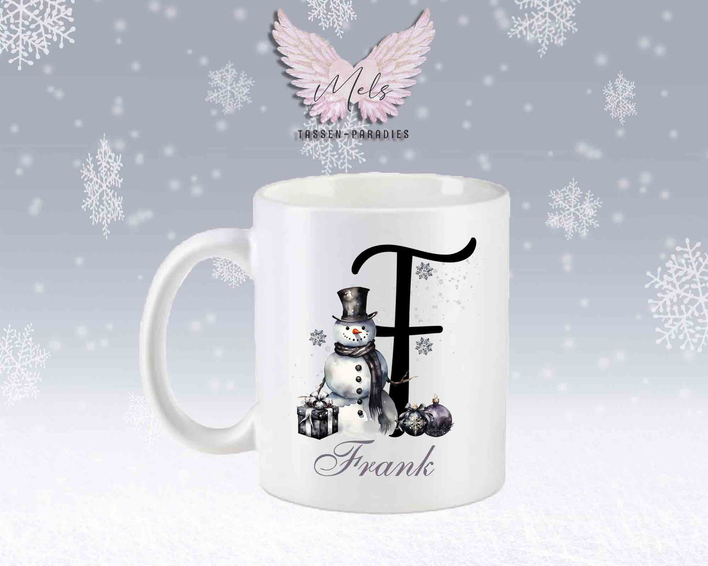 Schneemann Black-Alphabet mit Name - Personalisierte Keramik-Tasse Weiß-Matt