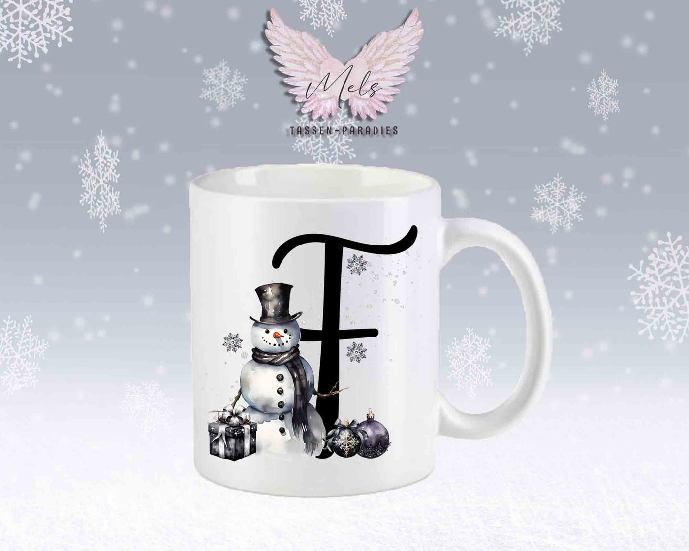 Schneemann Black-Alphabet mit Name - Personalisierte Keramik-Tasse Weiß-Matt