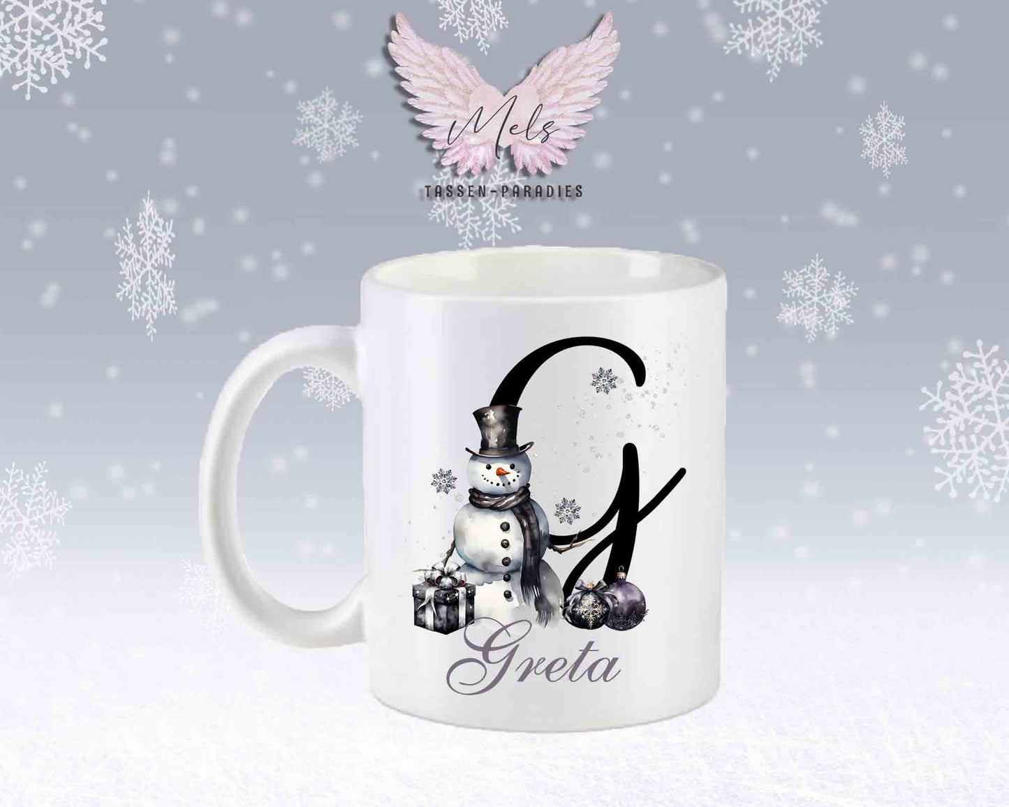 Schneemann Black-Alphabet mit Name - Personalisierte Keramik-Tasse Weiß-Matt