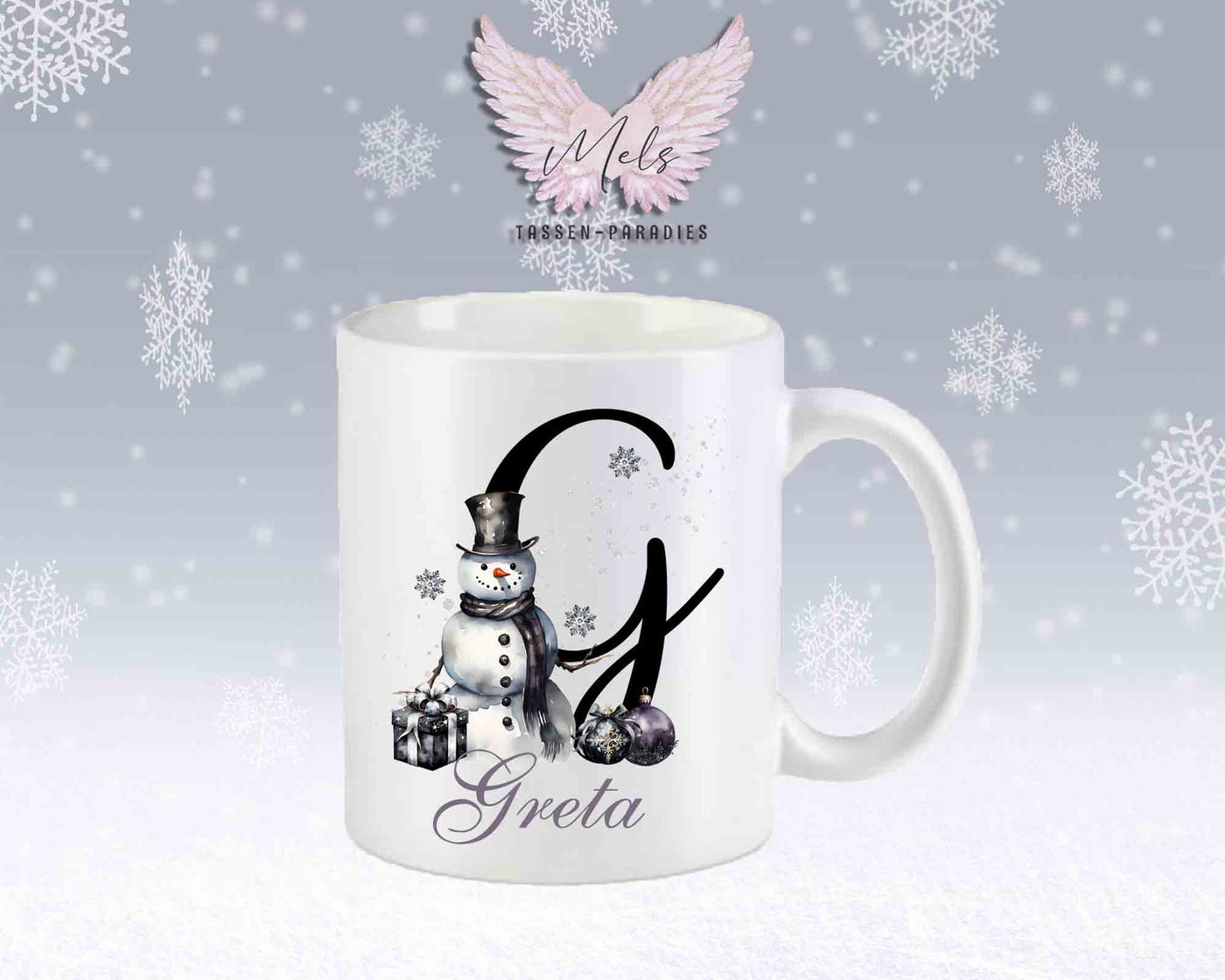 Schneemann Black-Alphabet mit Name - Personalisierte Keramik-Tasse Weiß-Matt