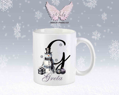 Schneemann Black-Alphabet mit Name - Personalisierte Keramik-Tasse Weiß-Matt