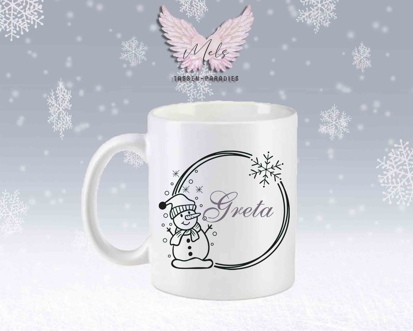 Schneemann Black-Alphabet mit Name - Personalisierte Keramik-Tasse Weiß-Matt