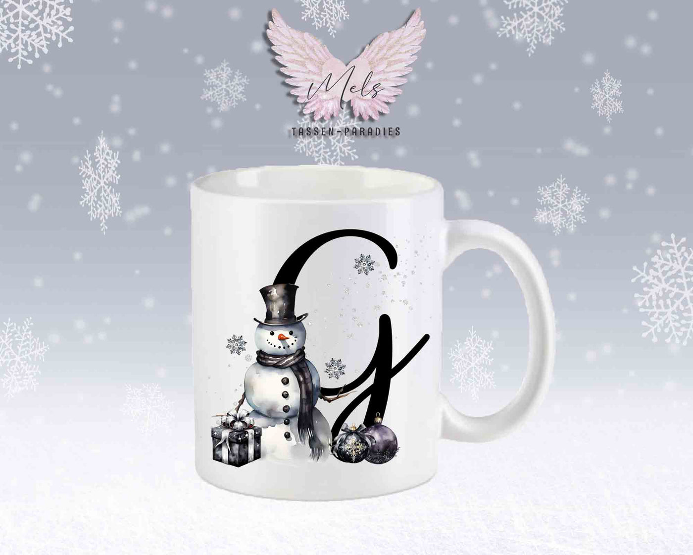 Schneemann Black-Alphabet mit Name - Personalisierte Keramik-Tasse Weiß-Matt