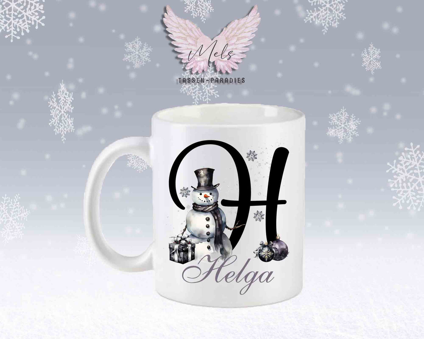 Schneemann Black-Alphabet mit Name - Personalisierte Keramik-Tasse Weiß-Matt