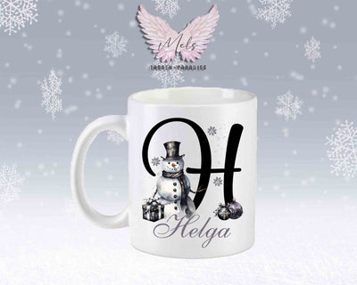 Schneemann Black-Alphabet mit Name - Personalisierte Keramik-Tasse Weiß-Matt