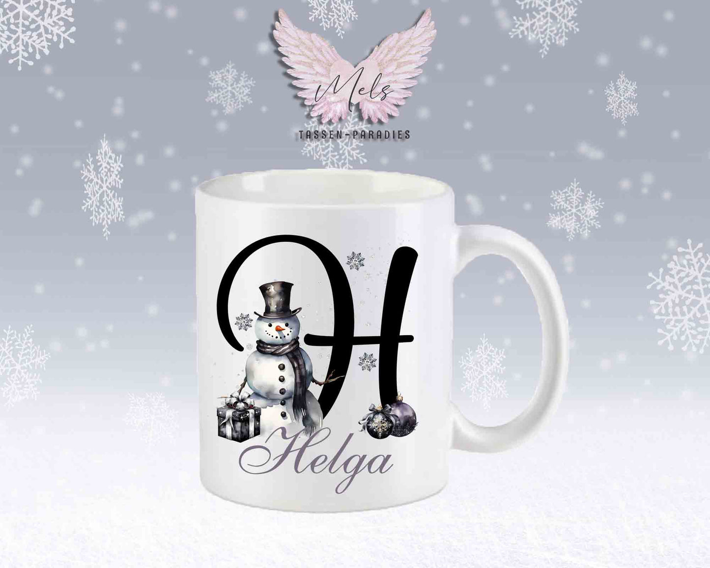 Schneemann Black-Alphabet mit Name - Personalisierte Keramik-Tasse Weiß-Matt