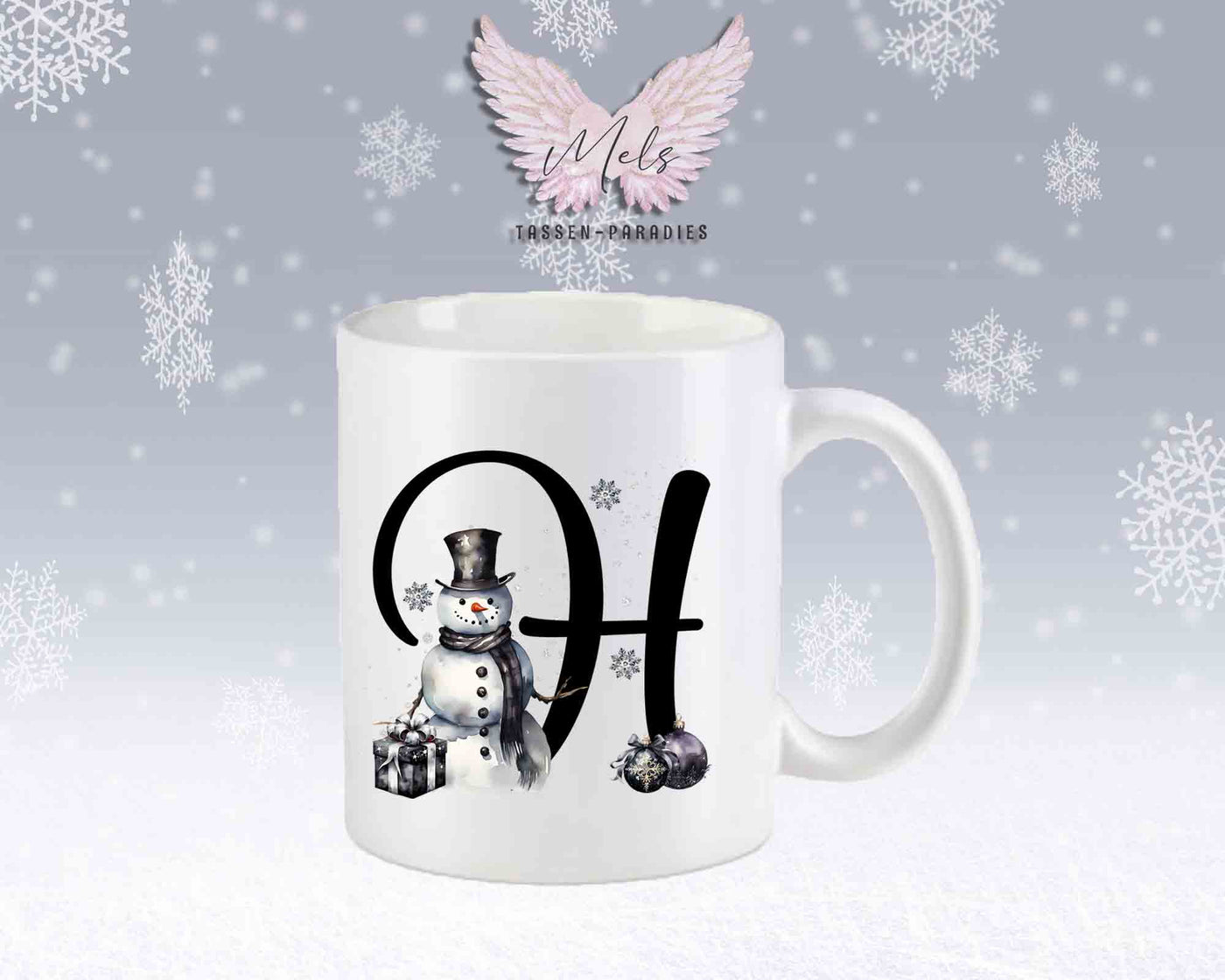 Schneemann Black-Alphabet mit Name - Personalisierte Keramik-Tasse Weiß-Matt