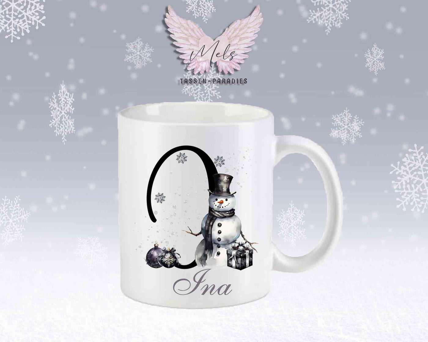 Schneemann Black-Alphabet mit Name - Personalisierte Keramik-Tasse Weiß-Matt