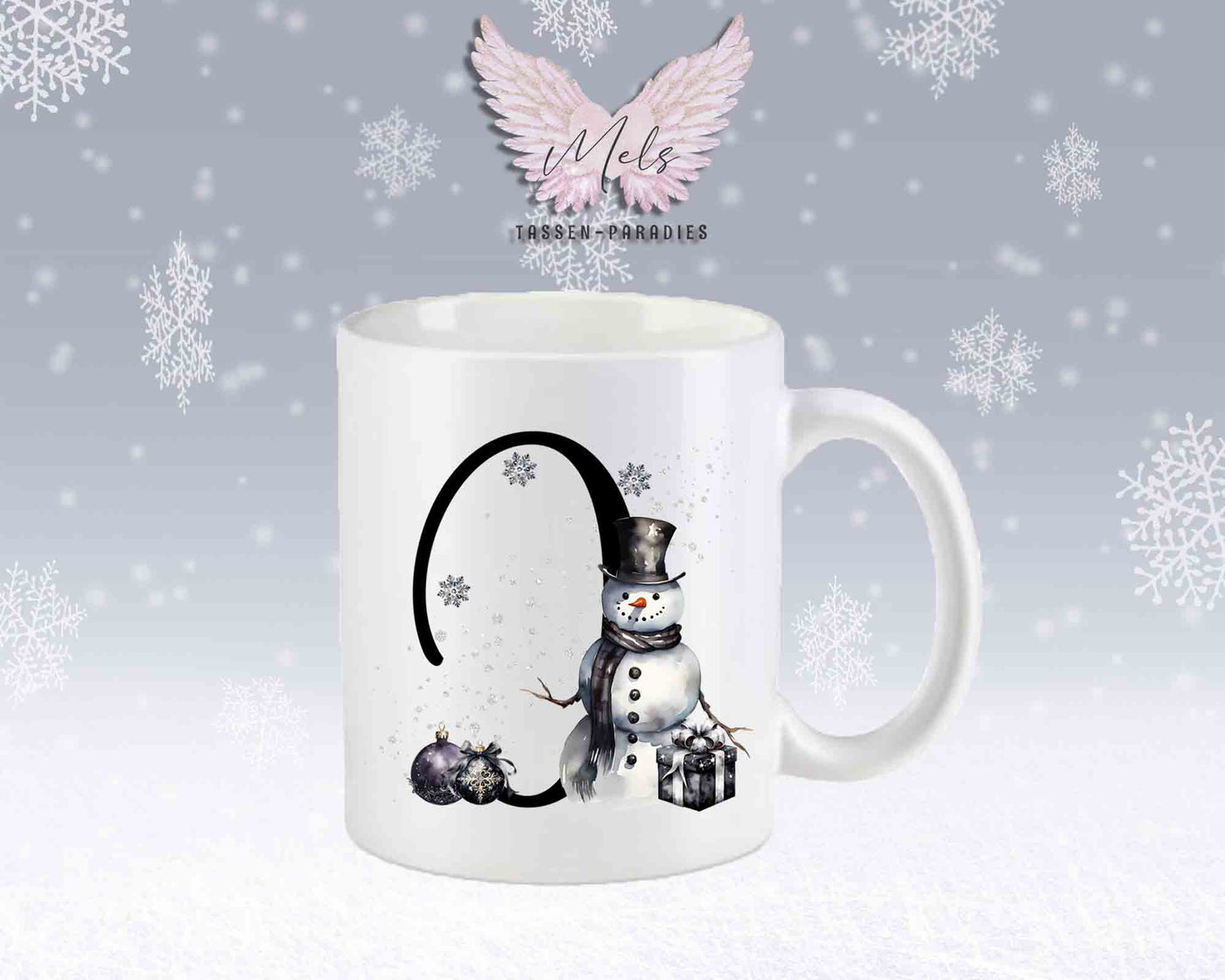 Schneemann Black-Alphabet mit Name - Personalisierte Keramik-Tasse Weiß-Matt