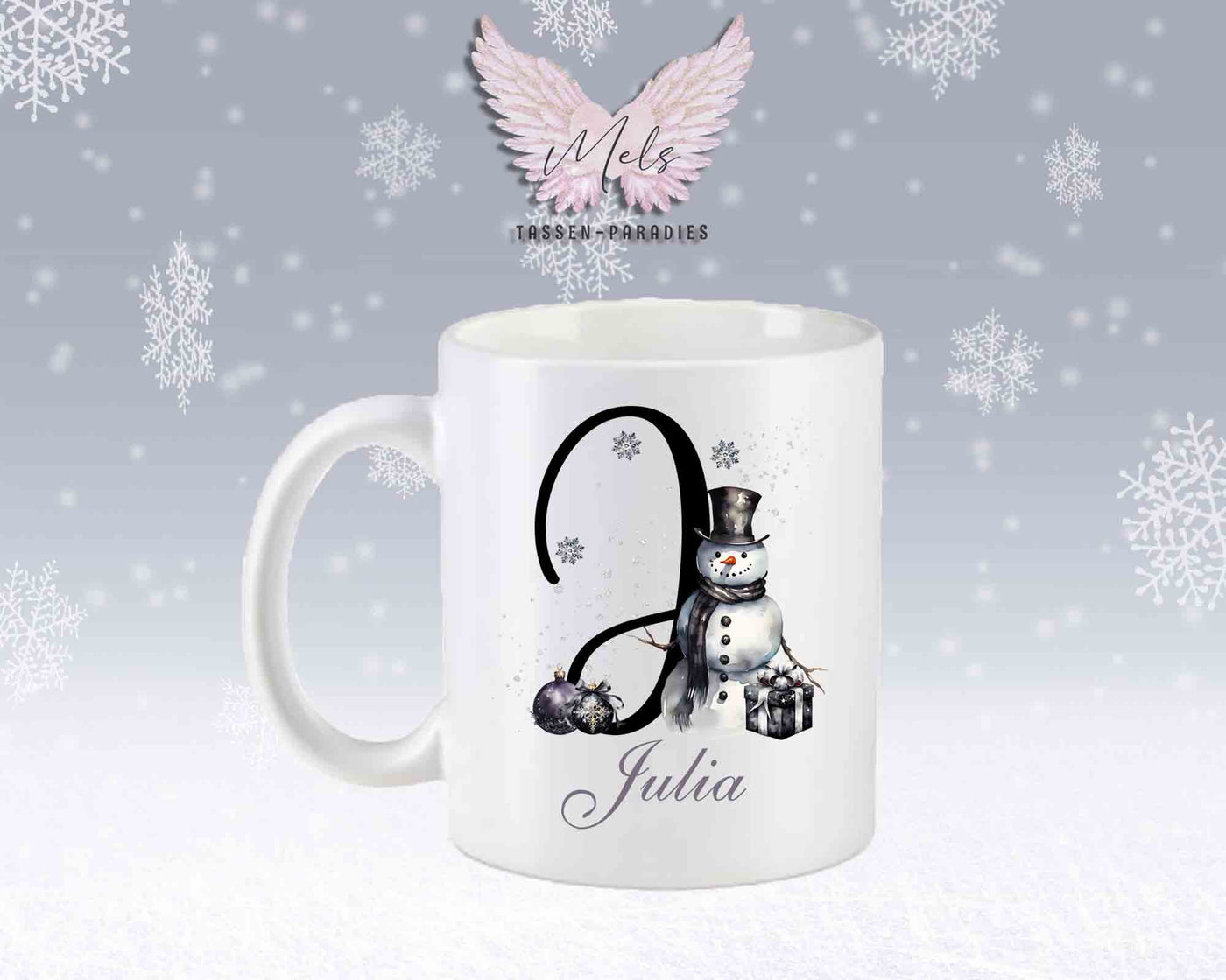 Schneemann Black-Alphabet mit Name - Personalisierte Keramik-Tasse Weiß-Matt
