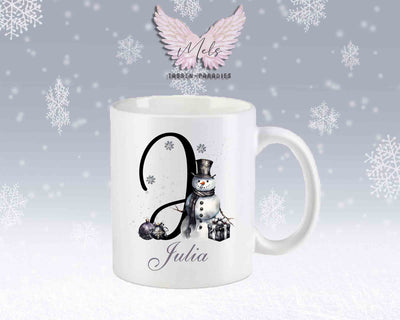 Schneemann Black-Alphabet mit Name - Personalisierte Keramik-Tasse Weiß-Matt