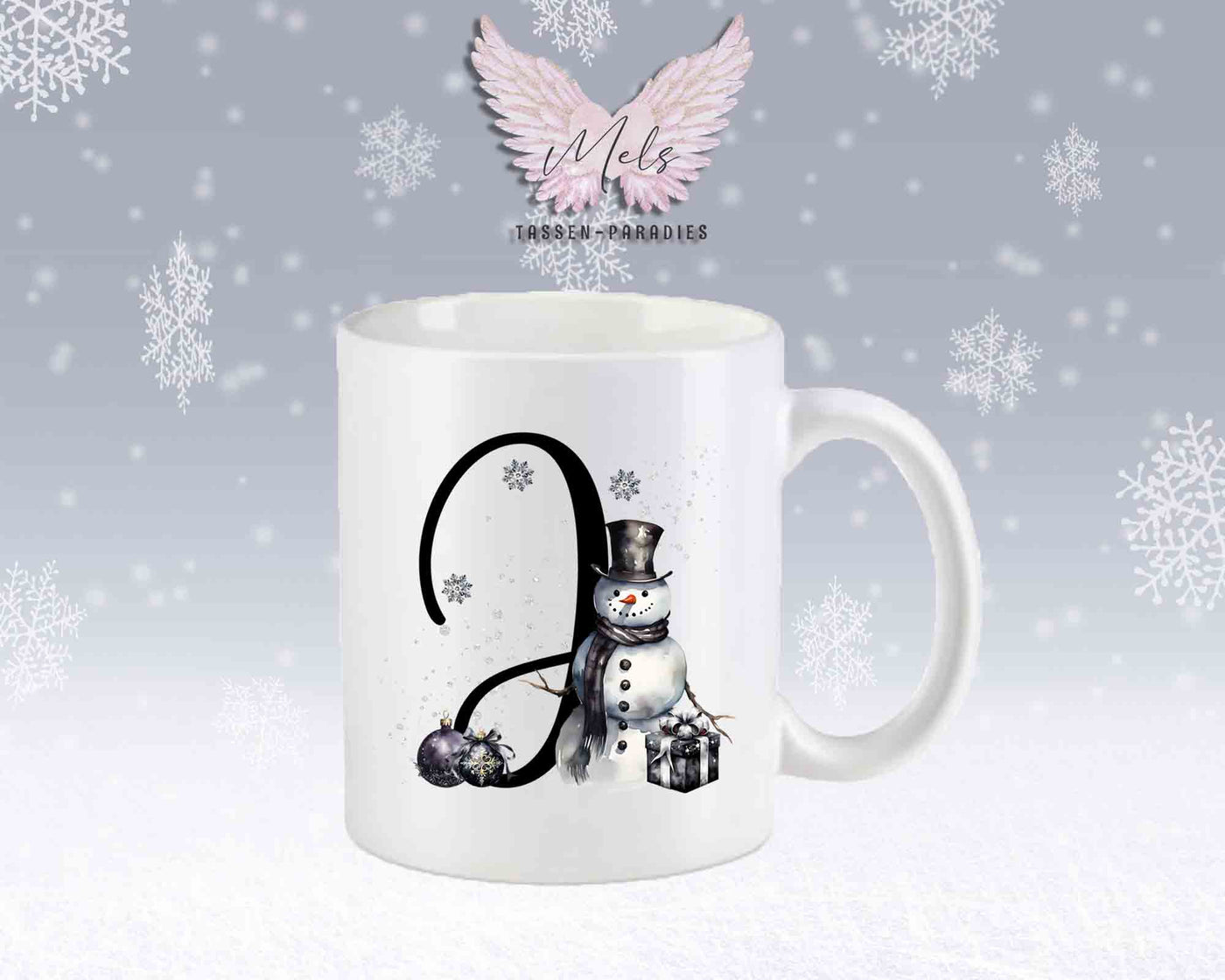 Schneemann Black-Alphabet mit Name - Personalisierte Keramik-Tasse Weiß-Matt