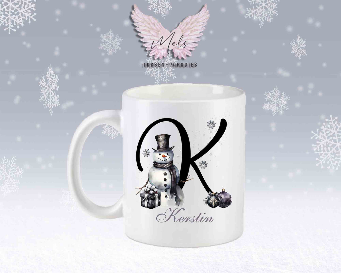 Schneemann Black-Alphabet mit Name - Personalisierte Keramik-Tasse Weiß-Matt
